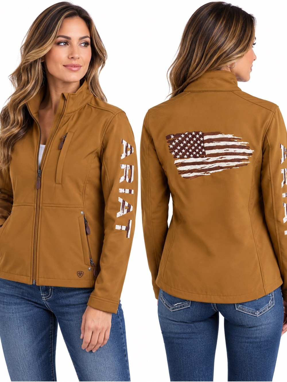 Ariat Women’s XL Team Patriot Softshell Jacket Brown American Flag Western